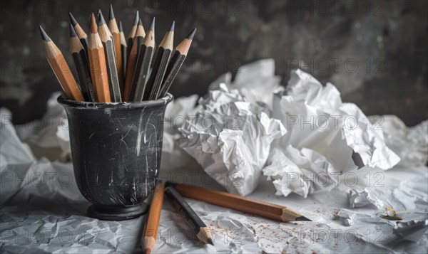 Graphite pencils arranged in a cup on a desk, surrounded by crumpled sheets of discarded white paper AI generated