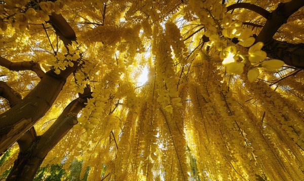Laburnum blossoms forming a canopy of golden flowers AI generated