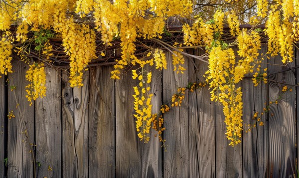 Laburnum branches cascading over a wooden fence AI generated