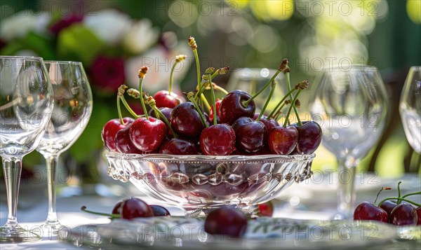 Ripe cherries arranged in a decorative centerpiece for a summer garden party AI generated