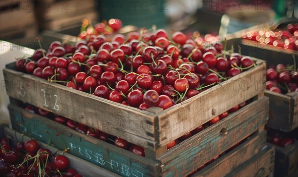 Ripe cherries displayed in a vintage fruit crate at a country fair AI generated