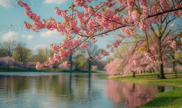 The lake in full bloom during the springtime, cherry tries blossoms near the lake in clear sunny day AI generated