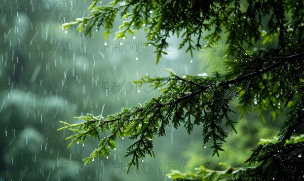 Closeup view on cedar branch in rain drops, bokeh background AI generated