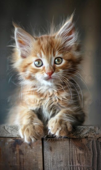 A cute kitten with a greenish-yellowish eye is sitting on a wooden box. The kitten has a fluffy coat and a long tail AI generated