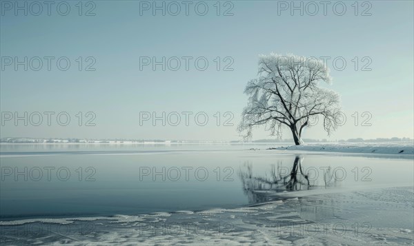 A solitary tree standing on the frozen shore of a lake AI generated