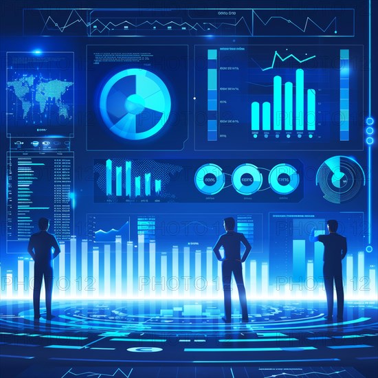 Silhouetted figures interacting with a large holographic business analytics display in blue, ai generated, AI generated