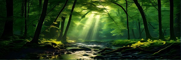 AI generated illustration of tranquil woodland composition awash in layers of diverse green tones sunlight spiraling and flickering