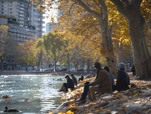 Personen sitzen entspannt am Flussufer unter Baeumen mit herbstlicher Laubfaerbung, Lifestyle in Paris, Frankreich, AI generiert, AI generated
