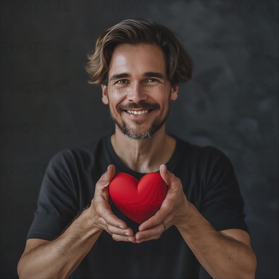Smiling man with brunette hair in a black shirt presents a red heart, AI generated