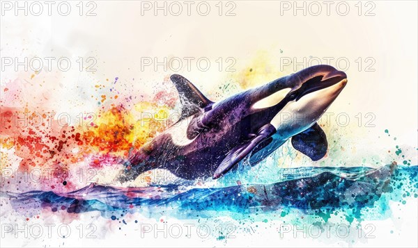 A watercolor depiction of an orca whale breaching the surface against a backdrop of vibrant ocean hues AI generated