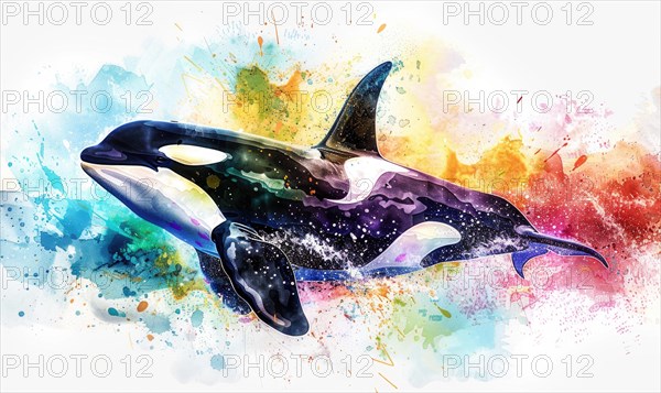 A watercolor depiction of an orca whale breaching the surface against a backdrop of vibrant ocean hues AI generated