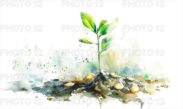 Watercolor illustration of a tree sprout with coins around it AI generated