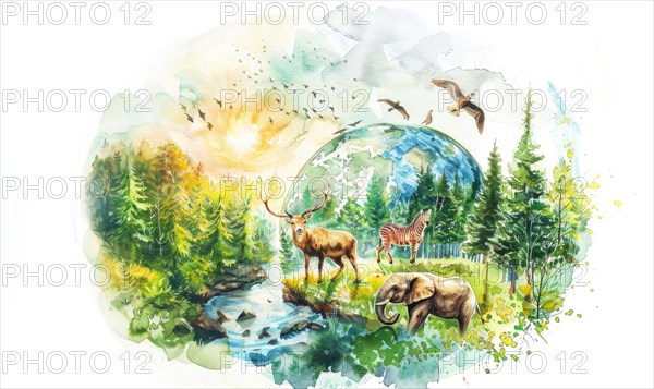 Watercolor illustration of Earth with wildlife and forests AI generated