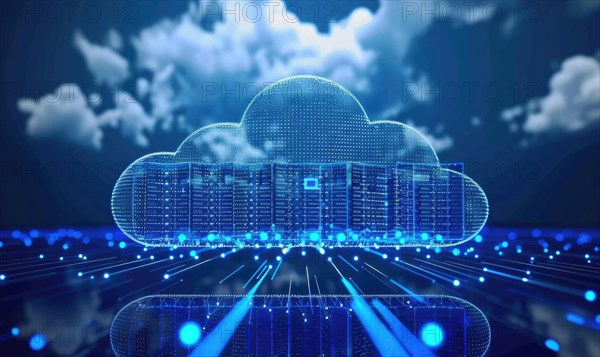 Cloud computing background with server racks and digital data streams AI generated