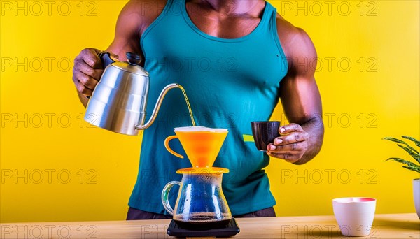 Muscular barista making coffee on a bright yellow background with professional equipment, horizontal, AI generated