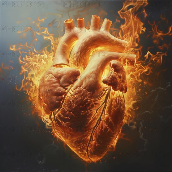 A human heart, artistically depicted with fire flames playing around it, AI generated