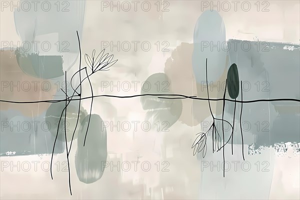 Modern abstract art with pastel brush strokes and floating elements, illustration, AI generated