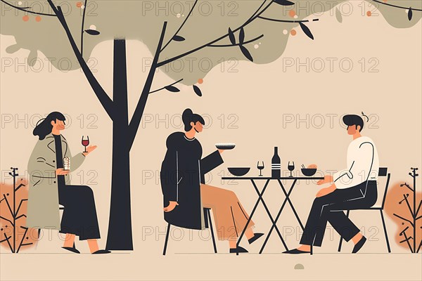 Stylized illustration of two people conversing at an outdoor cafe in autumn, illustration, AI generated