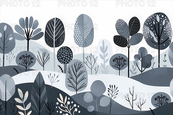 Simplistic graphic art of stylized trees and hills in cool tones, illustration, AI generated