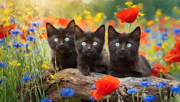 KI generated, animal, animals, mammal, mammals, cat, felidae (Felis catus), three kittens lying on a tree trunk in a meadow with flowers