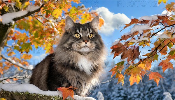 AI generated, animal, animals, mammal, mammals, cat, felidae (Felis catus), a black and white American Forest Cat, sits in a tree, autumn, autumn leaves, snow, onset of winter