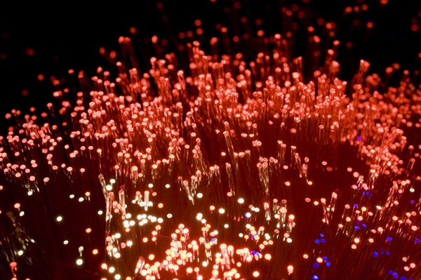 Close-up of red, white and blue lighted fibre optic cables, Studio Composition, Quebec, Canada, North America