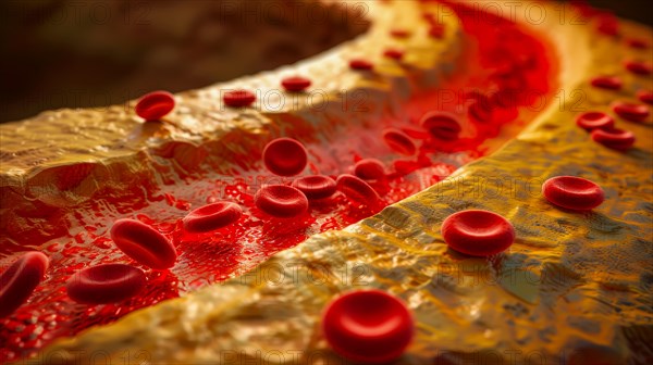 Close-up of red blood cells on a golden textured surface illuminated by warm light, ai generated, AI generated
