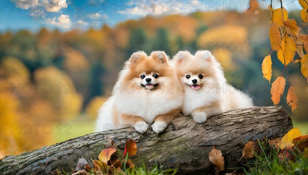 KI generated, animal, animals, mammal, mammals, one, single animal, dwarf spitz, Spitz, (Canis lupus familiaris), dog, dogs, bitch, Pomeranians, two cream-coloured puppies lying on a tree trunk, autumn, autumn leaves