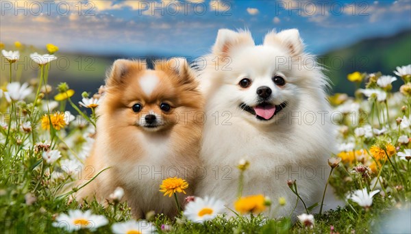 KI generated, animal, animals, mammal, mammals, a, single animal, dwarf spitz, Spitz, (Canis lupus familiaris), dog, dogs, bitch, Pomeranians, bitch with young, puppy, flower meadow, portrait, frontal