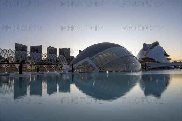 L'Hemisferic in the City of Arts and Sciences, behind it the Palau de les Arts Reina Sofia opera house, Cuitat de les Arts i les Ciences, Valencia, Spain, Europe