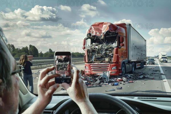Bystander road user, gawker, photographs a destroyed truck with his smartphone as a result of a serious traffic accident on the motorway, AI generated, AI generated, AI generated