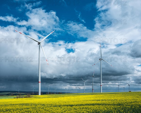 Wind turbines, wind turbines in rape field against blue sky with stormy clouds, thunderclouds, Thuringia, Germany, Europe