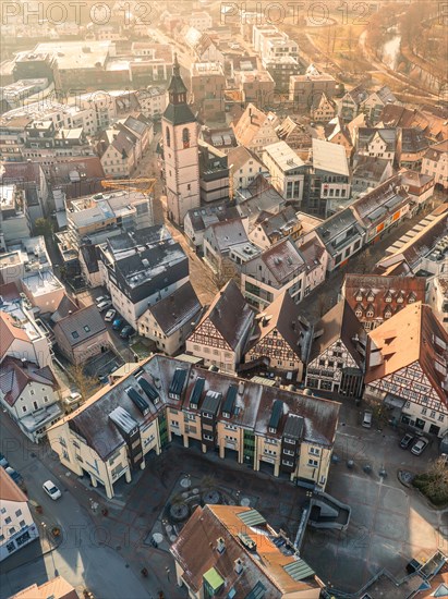 Historic town centre with gabled houses in the shade of the evening sun, sunrise, Nagold, Black Forest, Germany, Europe