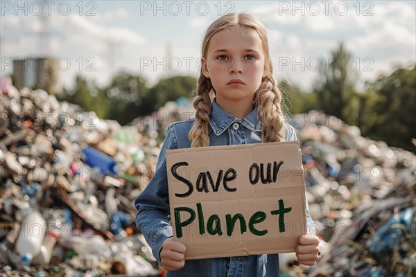 Activist with cardboard sign with text 'Save our planet' in front of blurry mountain of garbage. KI generiert, generiert, AI generated