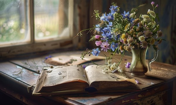 Antique desk with an open old book and a vase of wildflowers AI generated