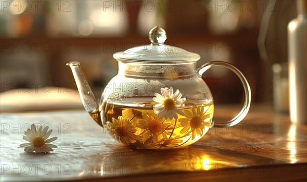 Chamomile tea being brewed in a glass teapot AI generated