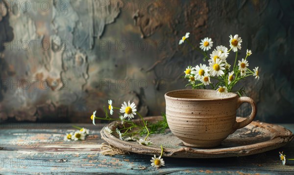 Chamomile tea in a rustic cup, closeup view AI generated