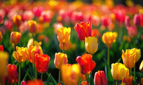 Field of vibrant tulips, spring nature, tulip background AI generated