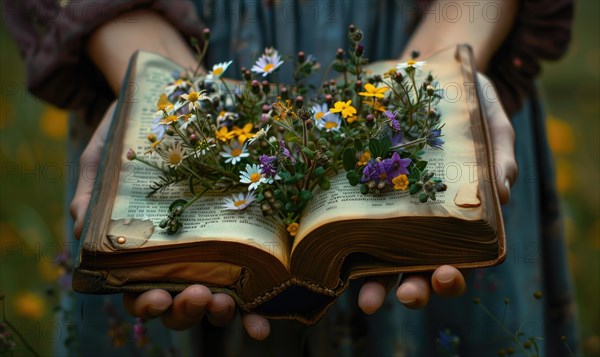 Hands holding an open old book with wildflowers blooming from its pages, closeup view AI generated