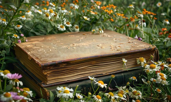 Vintage book surrounded by wildflowers AI generated