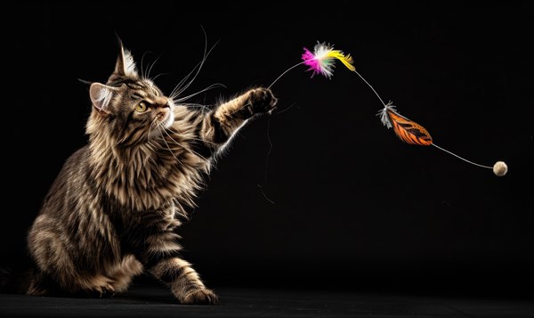 Maine Coon cat playfully batting at a feather toy in a studio setup AI generated