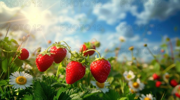 Close-up of ripe, juicy strawberries in a lush field, bathed in sunlight. A perfect blend of natural beauty and freshness, AI generated