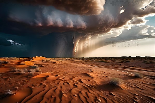 Rare and powerful sight of a rainstorm sweeping across a desert landscape, AI generated