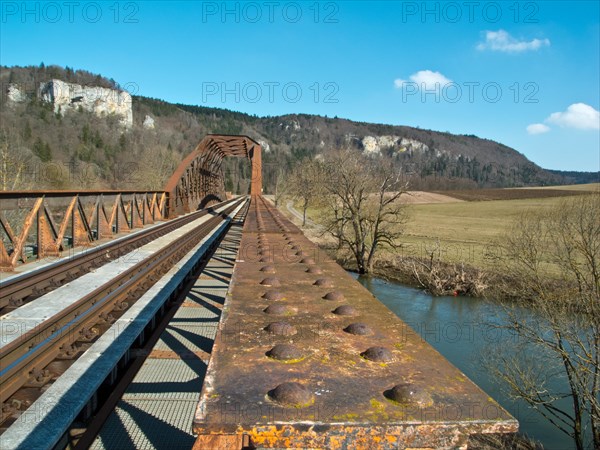 Railway bridge over the Danube, Tuttlingen district, Baden-Wuerttemberg, Germany, Europe