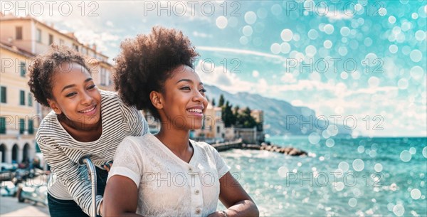 Two joyful women enjoying time together by the seaside with a sparkly bokeh effect, AI generated