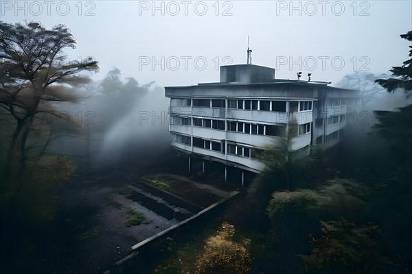 Neglected hospital section with collapsed roof elements, AI generated, hospital, damage, abandoned, ruin, decrepit