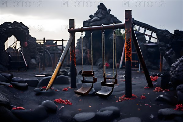 Lava destroying the remnants of a playground swings and slides emerging from hardened lava, AI generated