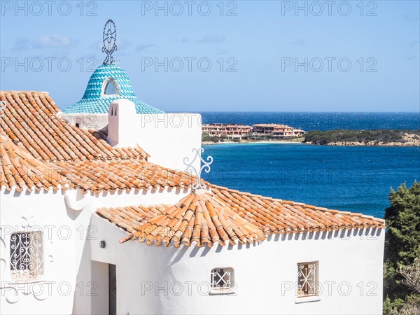 Typical roofs, Stella Maris church at the back, detail, Porto Cervo, Sardinia, Italy, Europe