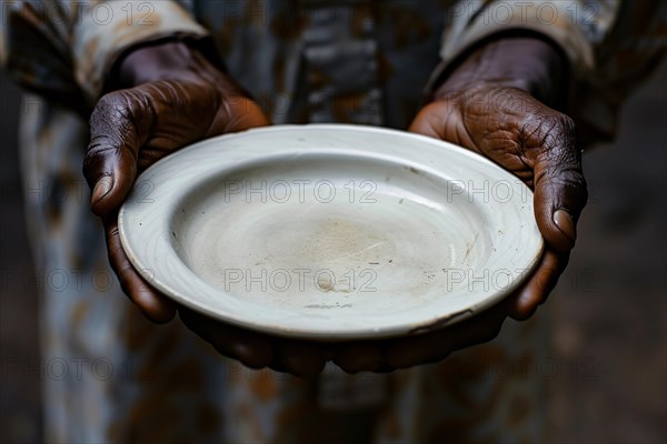 Black person's hand holding empty plate. KI generiert, generiert, AI generated