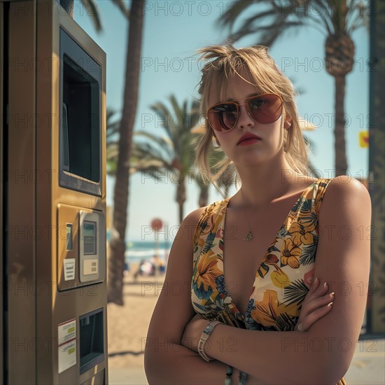Angry young woman leaning against a vending machine with palm trees in the background on a hot summer day, AI generated